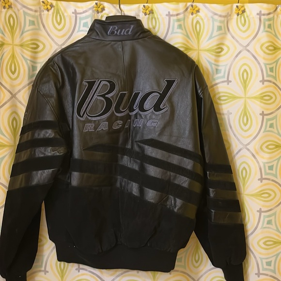 Budweiser Excelled Black Leather Racing Jacket Size Large - Picture 2 of 7